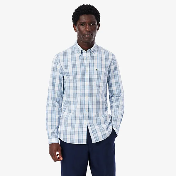 Áo Sơ Mi Dài Tay Nam Lacoste Men's Slim Fit Stretch Plaid Shirt CH3745 - CGI Màu Xanh Nhạt Size 38