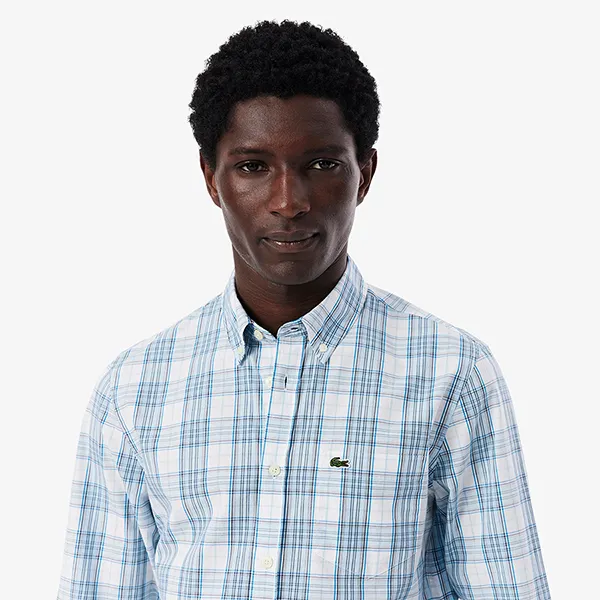 Áo Sơ Mi Dài Tay Nam Lacoste Men's Slim Fit Stretch Plaid Shirt CH3745 - CGI Màu Xanh Nhạt Size 38