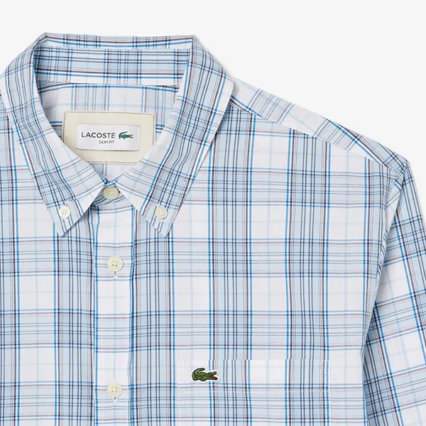 Áo Sơ Mi Dài Tay Nam Lacoste Men's Slim Fit Stretch Plaid Shirt CH3745 - CGI Màu Xanh Nhạt Size 38