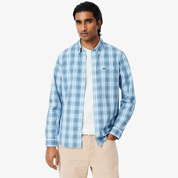 Áo Sơ Mi Dài Tay Nam Lacoste Men's Slim Fit Stretch Plaid Shirt CH3745 - CI0 Màu Xanh Nhạt Size 38