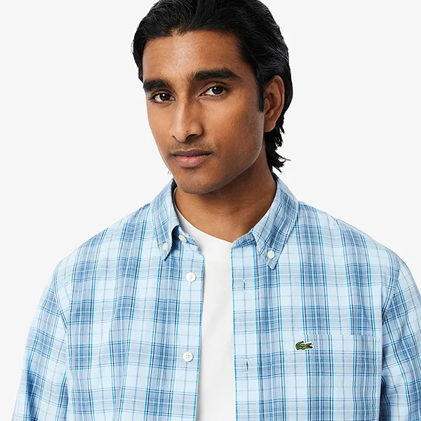 Áo Sơ Mi Dài Tay Nam Lacoste Men's Slim Fit Stretch Plaid Shirt CH3745 - CI0 Màu Xanh Nhạt Size 38
