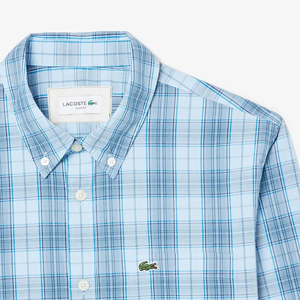 Áo Sơ Mi Dài Tay Nam Lacoste Men's Slim Fit Stretch Plaid Shirt CH3745 - CI0 Màu Xanh Nhạt Size 38