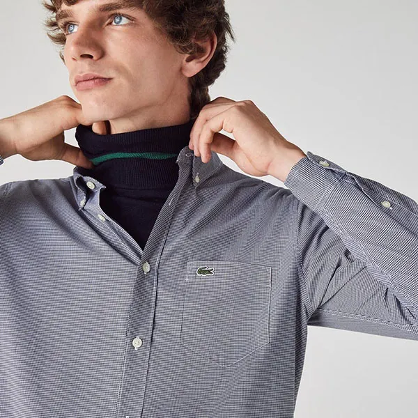 Áo Sơ Mi Nam Lacoste Cotton Poplin Gingham Check Shirt CH8425-522 Màu Xám Kẻ Size 38