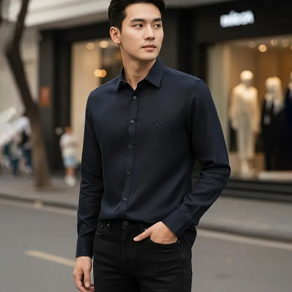 Áo Sơ Mi Nam Dolce & Gabbana D&G Vải Lanh Logo DG Thêu G5EJ1Z FU4IK Màu Đen Size 37
