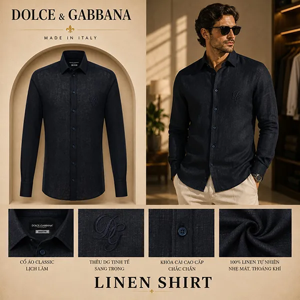 Áo Sơ Mi Nam Dolce & Gabbana D&G Vải Lanh Logo DG Thêu G5EJ1Z FU4IK Màu Đen Size 37