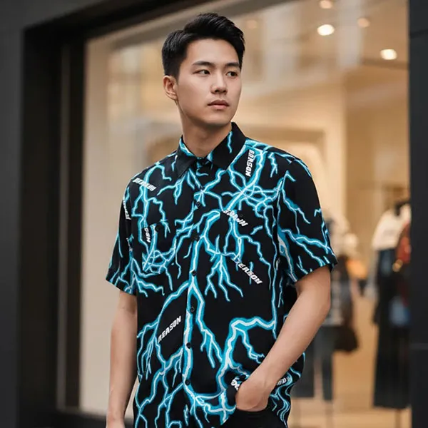 Áo Sơ Mi Nam Reason Black AZWT-006 Lightning Allover Print Short Sleeve Shirt Màu Đen Size XS