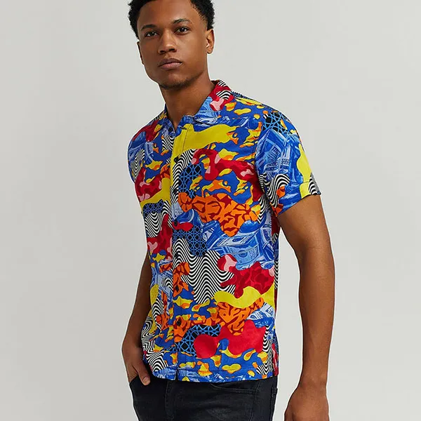 Áo Sơ Mi Nam Reason Multi VS1-16 Wavy Allover Print Short Sleeve Shirt Phối Màu Size XS