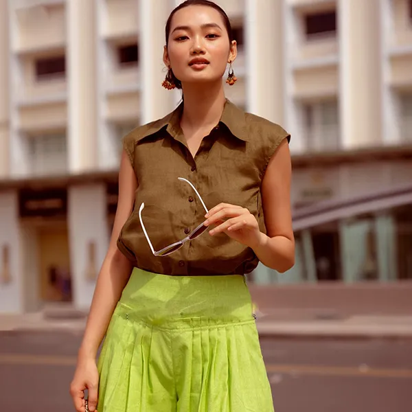 Áo Sơ Mi Nữ F2 Fashion & Freedom Linen Autumn Charm AK529-XR-S-0622 Màu Xanh Rêu Size S