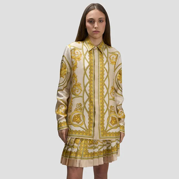 Áo Sơ Mi Nữ Versace 'Barocco' Print Silk Light Beige/Gold-tone 1001360 1A11528 5K520 Màu Vàng Size 40