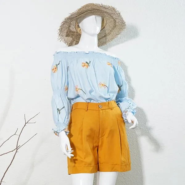 Áo Trễ Vai Nữ F2 Fashion & Freedom Linen Floral AK390-X-S-0421 Màu Xanh Nhạt Size S