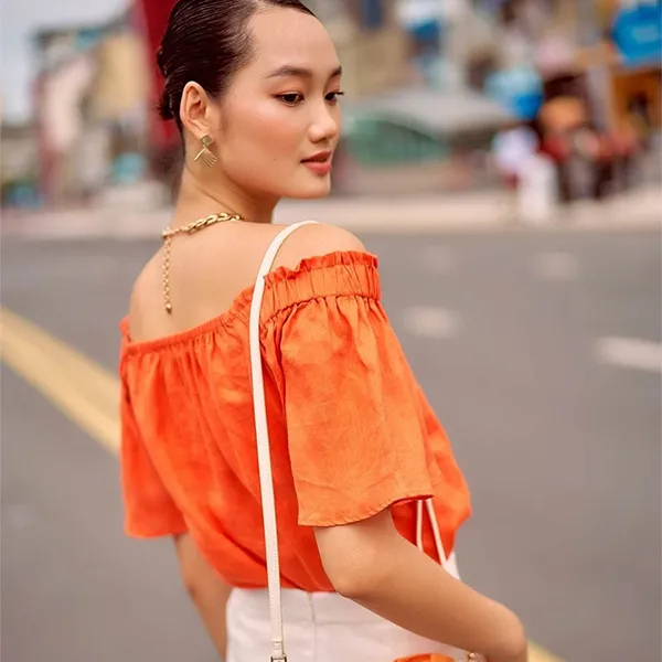 Áo Trễ Vai Nữ F2 Fashion & Freedom Summer Muse Orange Linen Blouse AK518-C-S-0622 Màu Cam Size S