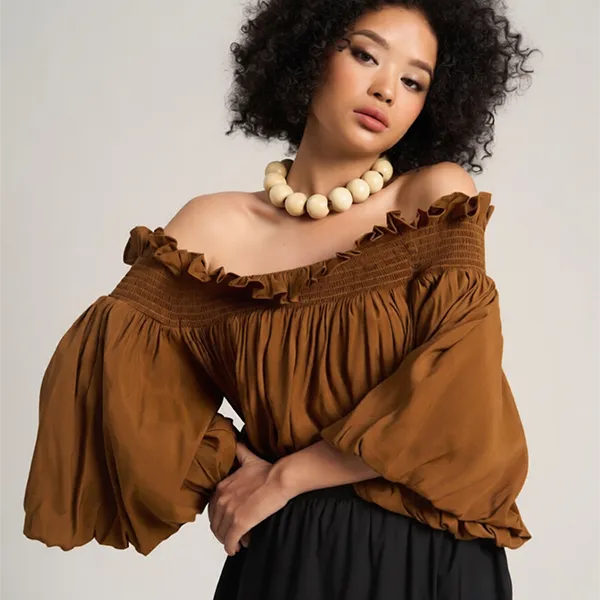 Áo Trễ Vai Nữ F2 Fashion & Freedom Women's Brown Linen Blouse A Free Color Choice AK597-N-S-0723 Màu Nâu Size S