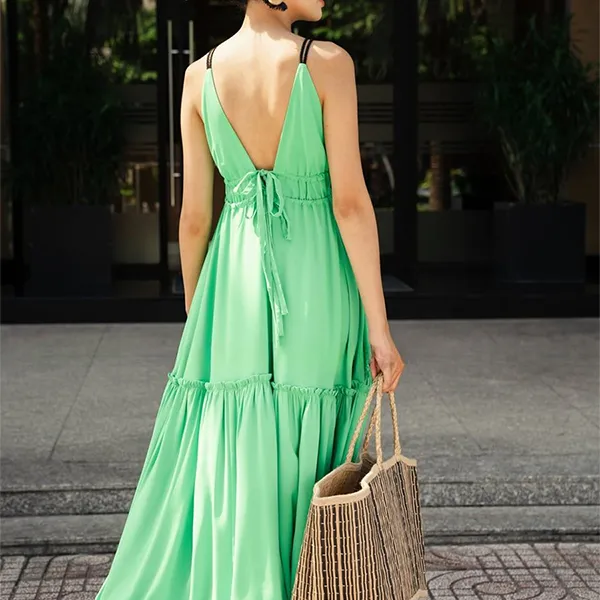 Đầm Nữ F2 Fashion & Freedom Women's De Soleil Green Silk Dress DT-D707-XL-S-0523 Màu Xanh Green Size S