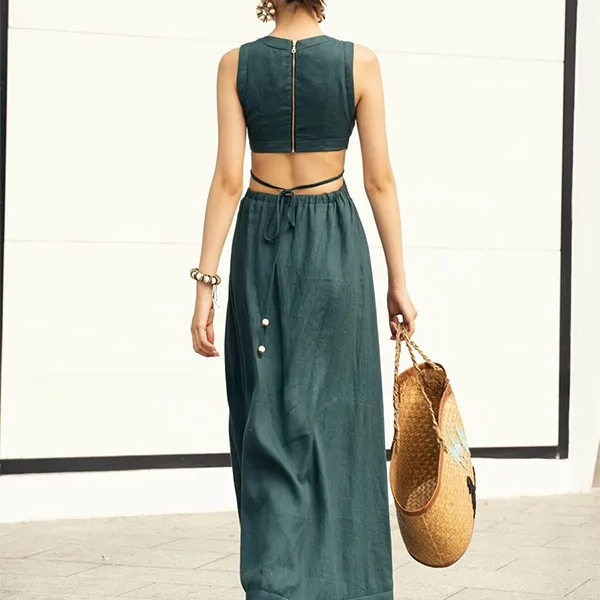 Váy Xòe Nữ F2 Fashion & Freedom Women's Linen Dress In Teal Blue Free Color D735-XCV-S-0723 Màu Xanh Cổ Vịt Size S