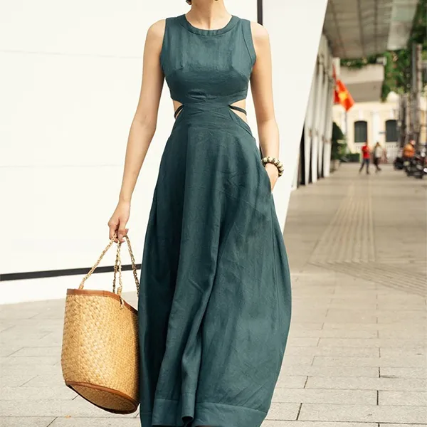 Váy Xòe Nữ F2 Fashion & Freedom Women's Linen Dress In Teal Blue Free Color D735-XCV-S-0723 Màu Xanh Cổ Vịt Size S