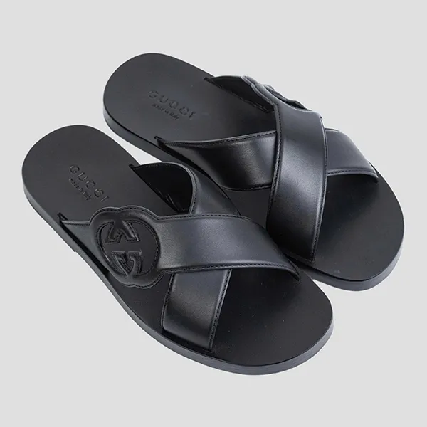 Dép Nam Gucci Interlocking G Slide Sandal In Black 738471 US000 10000 Màu Đen Size 5