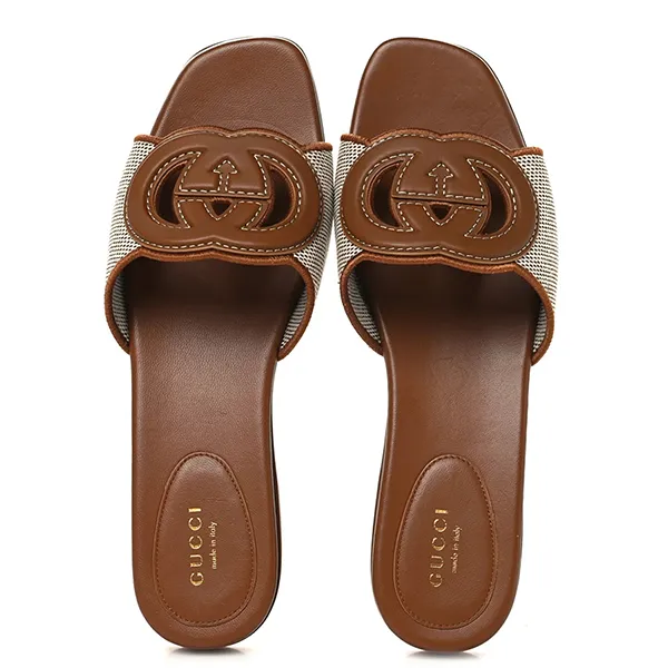 Dép Nữ Gucci Canvas Rice Cosmos Softy Calfskin Interlocking G Cut Out Slide Sandals Màu Nâu Size 37