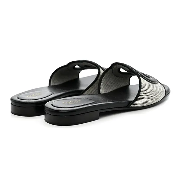 Dép Nữ Gucci Cosmo Softy Calfskin Canvas Interlocking G Cut Out Slide Sandals Natural Black Màu Đen Size 37