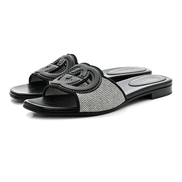 Dép Nữ Gucci Cosmo Softy Calfskin Canvas Interlocking G Cut Out Slide Sandals Natural Black Màu Đen Size 37