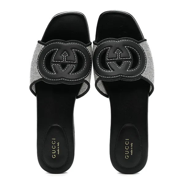 Dép Nữ Gucci Cosmo Softy Calfskin Canvas Interlocking G Cut Out Slide Sandals Natural Black Màu Đen Size 37