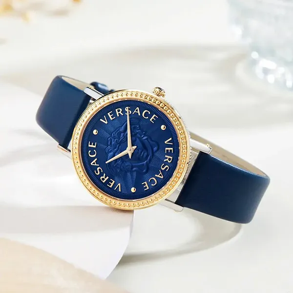 Đồng Hồ Nữ Versace V Dollar Leather Watch 37mm VEQX00322 Màu Xanh Navy