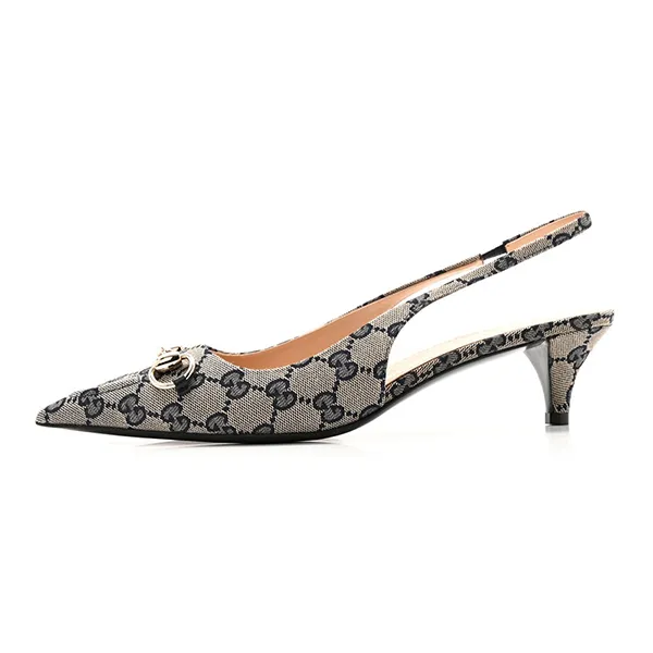 Giày Cao Gót Nữ Gucci Monogram Horsebit 35mm Slingback Pumps Beige Blue Màu Be Size 35
