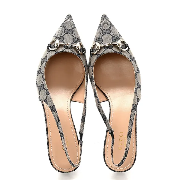 Giày Cao Gót Nữ Gucci Monogram Horsebit 35mm Slingback Pumps Beige Blue Màu Be Size 35