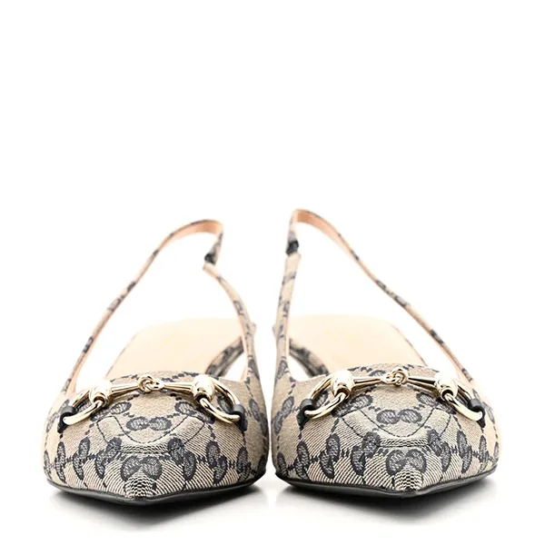 Giày Cao Gót Nữ Gucci Monogram Horsebit 35mm Slingback Pumps Beige Blue Màu Be Size 35