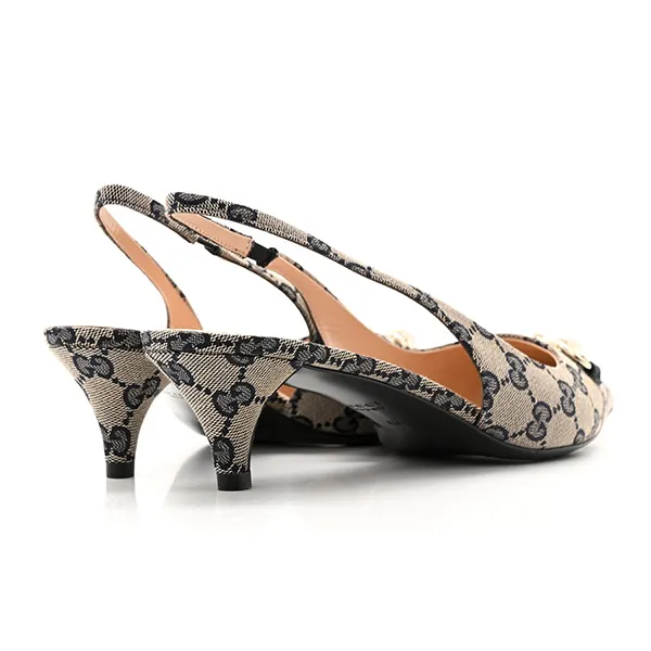 Giày Cao Gót Nữ Gucci Monogram Horsebit 35mm Slingback Pumps Beige Blue Màu Be Size 35