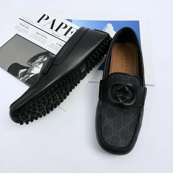 Giày Lười Nam Gucci Mocca Interlocking G Monogram In Grey 730148 AAB7Z 10000 Màu Đen Size 5