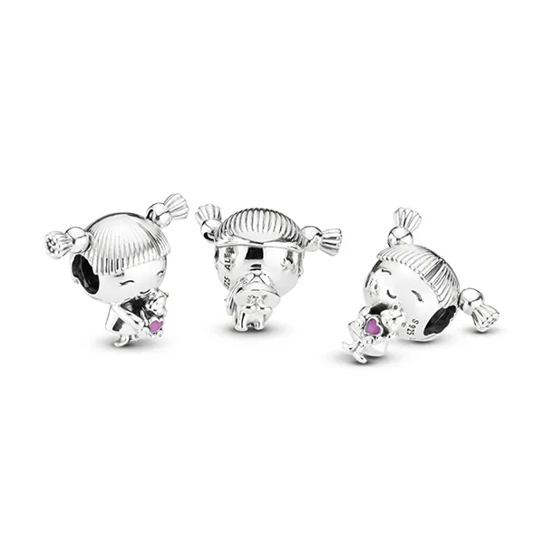 Hạt Vòng Charm Pandora Little Girl Hugging A Pink Teddy Bear 798016EN160 Màu Bạc