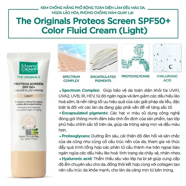 Kem Chống Nắng Phổ Rộng Làm Sáng Và Đều Màu Da Martiderm The Originals Proteos Screen SPF50+ Color Fluid Cream Light 40ml
