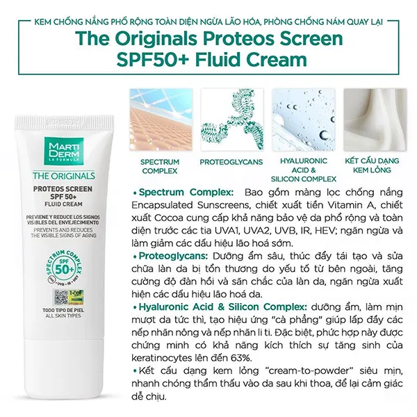 Kem Chống Nắng Phổ Rộng Toàn Diện Hỗ Trợ Dưỡng Ẩm MartiDerm The Originals Proteos Screen SPF50+ Fluid Cream 40ml
