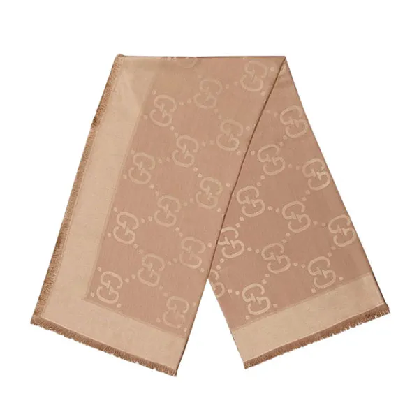 Khăn Quàng Cổ Nữ Gucci GG Jacquard Silk-Wool Camel Shawl Màu Camel