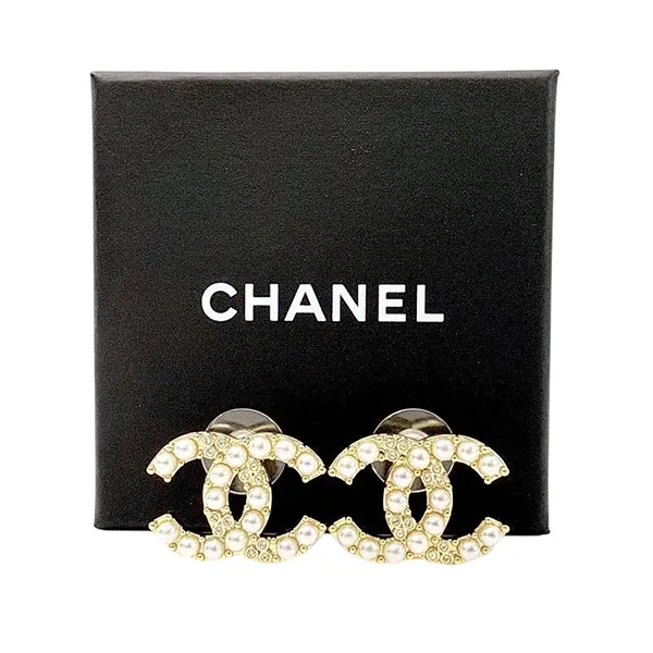 Khuyên Tai Nữ Chanel CC Logo Pearl And Rhinestone Earrings Màu Vàng Gold