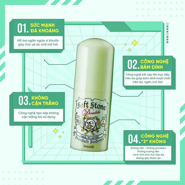 Lăn Khử Mùi Đá Khoáng Deonatulle Soft Stone Double Deodorant Color 20g (Xanh Lá)