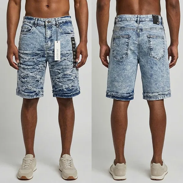 Quần Short Jean Nam Reason Light Bleu Wash Rách RSP-282 Màu Xanh Nhạt Size 30