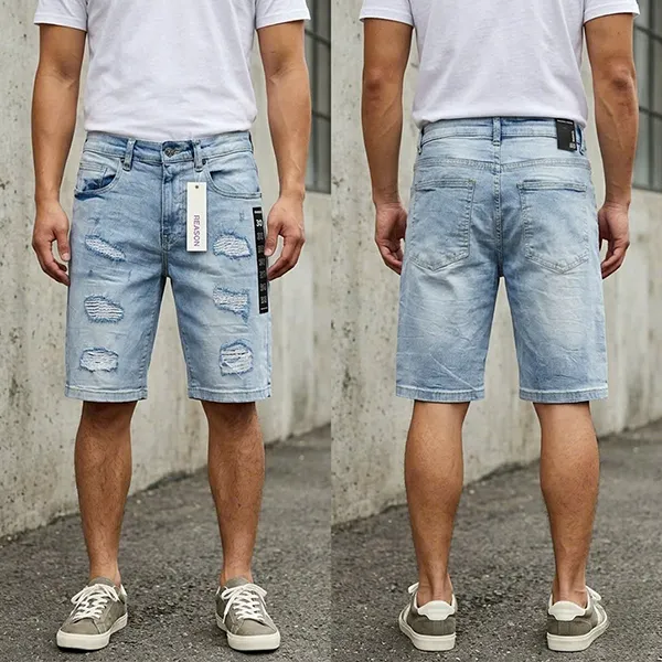 Quần Short Jean Nam Reason Medium Bleu Wash Rách RCS6SM-511 Màu Xanh Nhạt Size 30