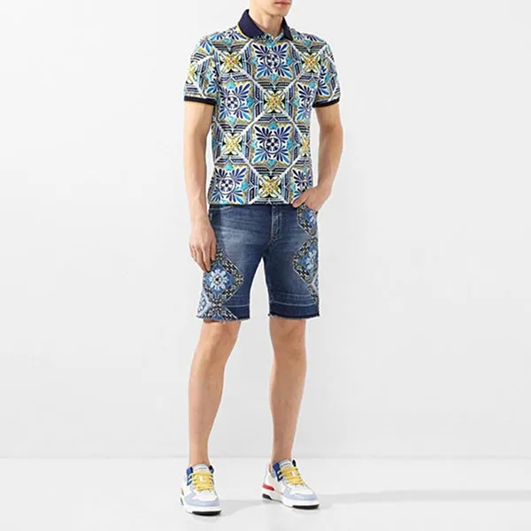 Quần Short Nam Dolce & Gabbana D&G Stretch Denim Bermuda Shorts With Maiolica Print Màu Xanh Họa Tiết Size 46