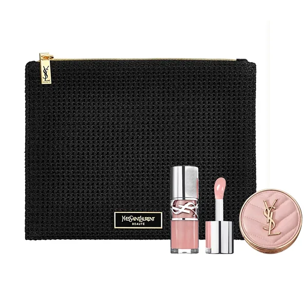 Set Cushion Yves Saint Laurent YSL Tone B10 Mini + Son Loveshine Plumping Lip Oil Gloss 02 Lucky Moonstone Fullsize + Túi