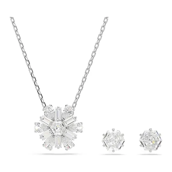 Set Dây Chuyền + Khuyên Tai Nữ Swarovski Idyllia Mixed Cuts, Snowflake, White, Rhodium Plated Set 5691486 Màu Bạc