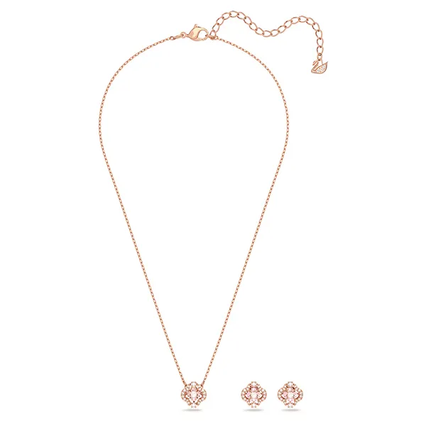 Set Dây Chuyền + Khuyên Tai Nữ Swarovski Una Set Mixed Cuts, Clover, Pink, Rose Gold-tone Plated 5516488 Màu Vàng Hồng