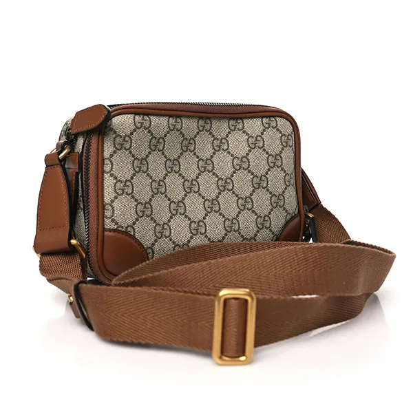 Túi Đeo Chéo Gucci Supreme Monogram Textured Calfskin Emblem Mini Crossbody Màu Be/Nâu