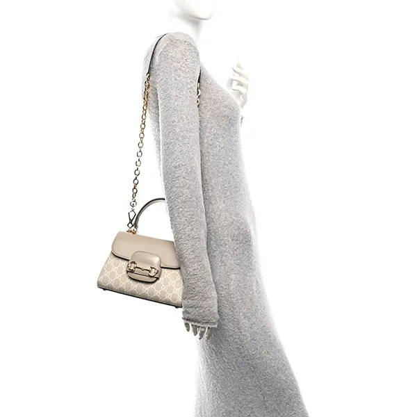 Túi Đeo Chéo Nữ Gucci GG Supreme Monogram Azalea Calfskin Mini Horsebit 1955 Top Handle Flap Bag Beige Mystic White Oatmeal Màu Be
