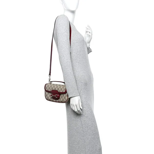 Túi Đeo Chéo Nữ Gucci GG Supreme Monogram Horsebit 1955 Small Soft Top Handle Shoulder Bag Beige/ Dark Red Màu Be Đỏ