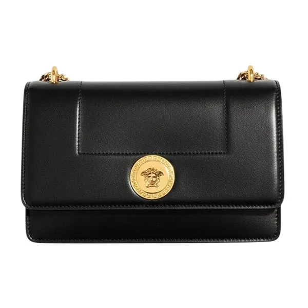 Túi Đeo Vai Nữ Versace Logo Medusa Shoulder Bag Leather Black Gold Tone Màu Đen