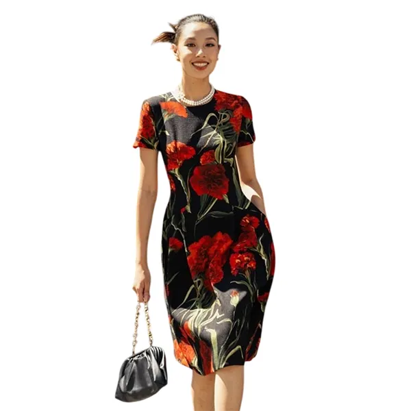 Váy Xòe F2 Fashion & Freedom Women's Black Brocade Dress With Red Floral Pattern A Symbol Of Freedom D580-DHD-S-0723 Màu Đen - Đỏ Size S