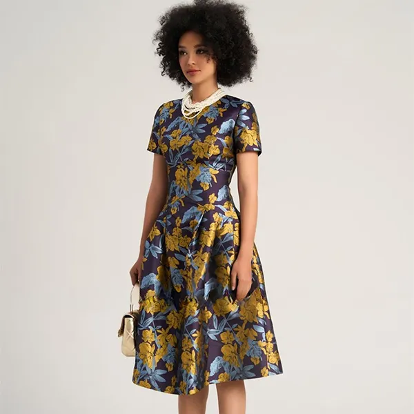 Váy Xòe Nữ F2 Fashion & Freedom Women's Brocade Dress In Blue And Yellow Colors Of Freedom D580-XV-S-0723 Màu Xanh Vàng Size S