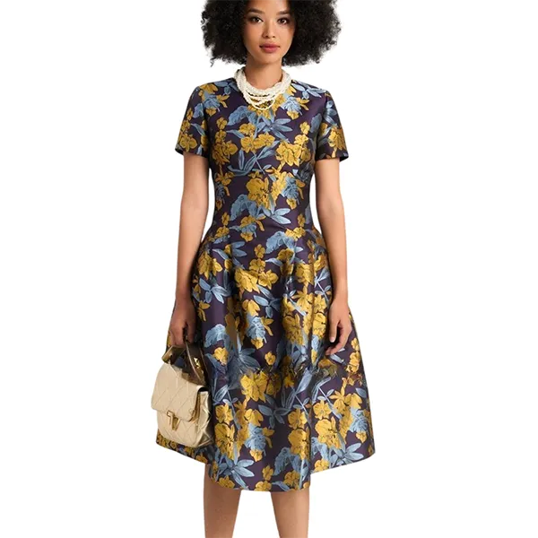 Váy Xòe Nữ F2 Fashion & Freedom Women's Brocade Dress In Blue And Yellow Colors Of Freedom D580-XV-S-0723 Màu Xanh Vàng Size S