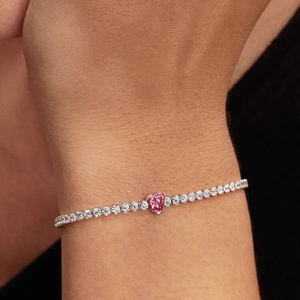 Vòng Đeo Tay Nữ Pandora Pink Sparkling Heart Tennis Bracelet 590041C03 Màu Hồng Bạc Size 16